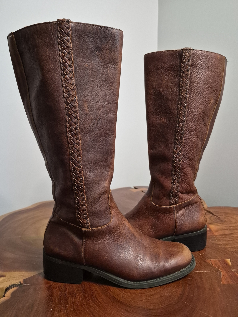 Nicole Braided Leather Riding Boots Brown - 8